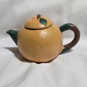 Handmade Orange Teapot with Green and Brown Accents
